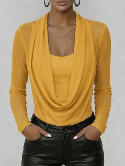 Women Fashion Casual Solid Color Fake Two-Piece Long-Sleeved With Swing Collar Slim-Fit T-Shirt