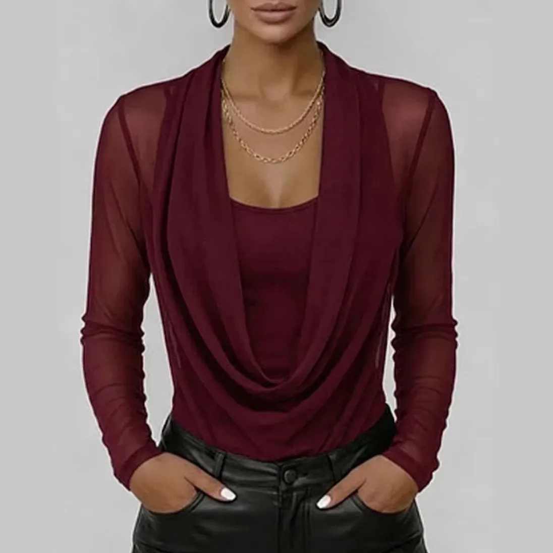 Women Fashion Casual Solid Color Fake Two-Piece Long-Sleeved With Swing Collar Slim-Fit T-Shirt