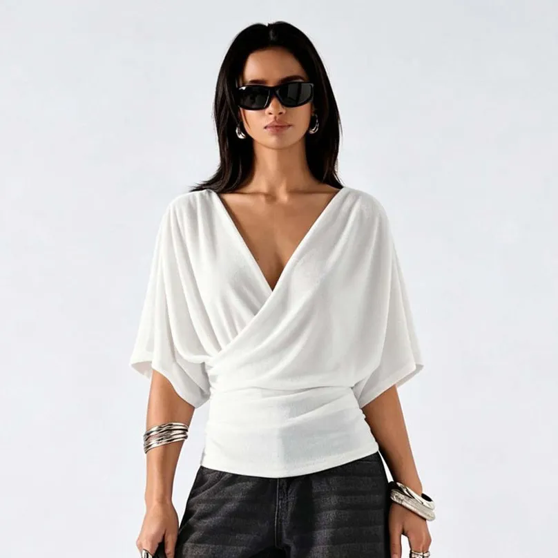 Women Fashion Casual Solid Color Cross V-Neck Short-Sleeve Waisted Pleated T-Shirt
