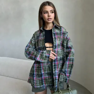 Women Fashion Casual Spring Autumn Rhinestone Plaid Lapel Long-Sleeve Loose Blouse