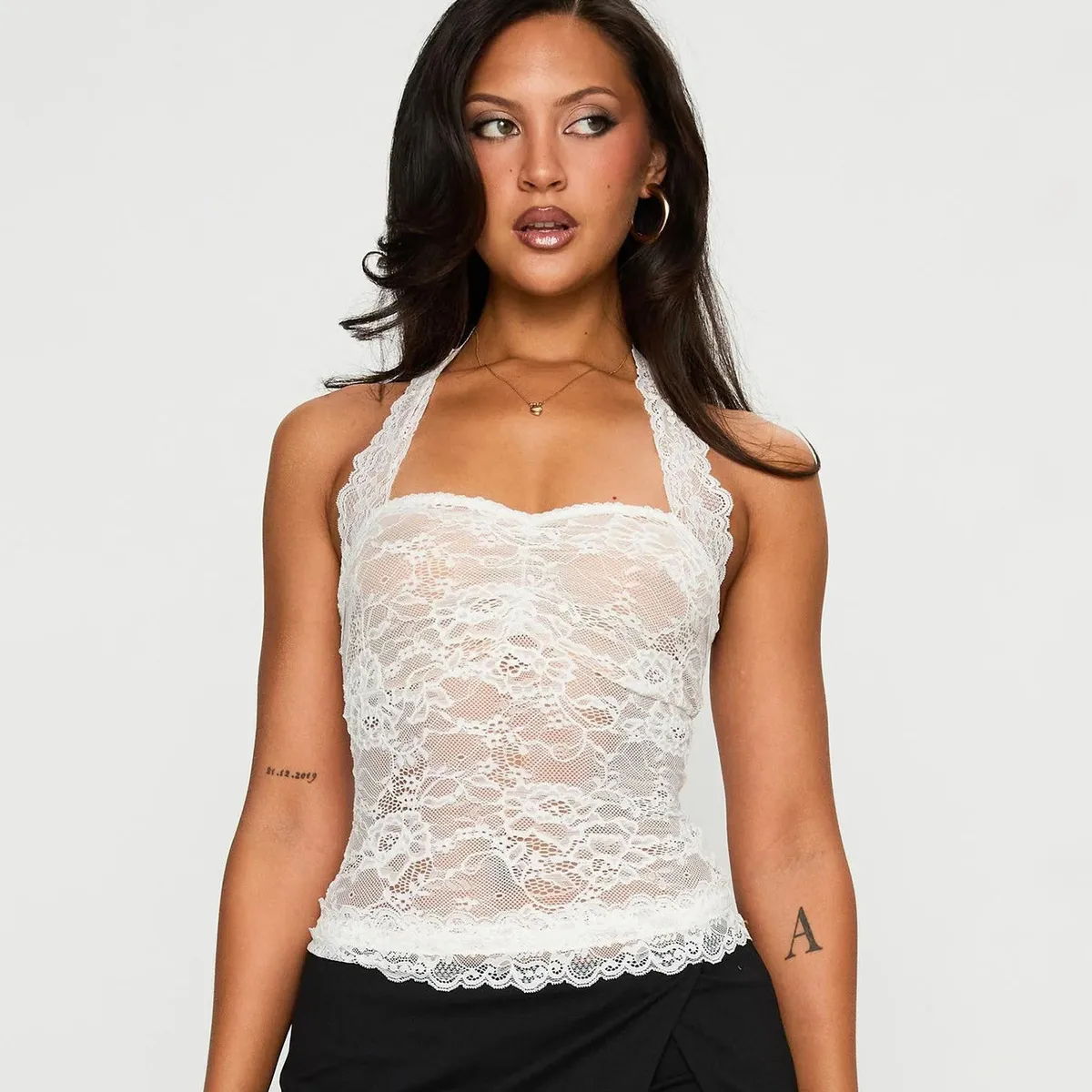 Women Fashion Sexy Summer Solid Color Lace Halter-Neckbackless Slim-Fit Tank Top