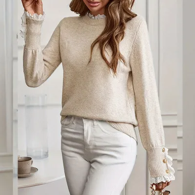Women Fashion Casual Autumn And Winter Stitching Lace Round Neck Long Sleeve Sweater