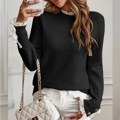 Women Fashion Casual Autumn And Winter Stitching Lace Round Neck Long Sleeve Sweater
