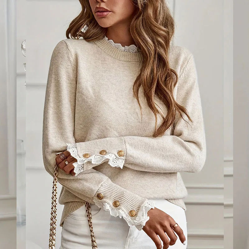 Women Fashion Casual Autumn And Winter Stitching Lace Round Neck Long Sleeve Sweater