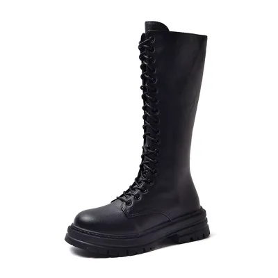 Women Fashion Retro Solid Color Round-Toe Thick Bottom Side Zipper High Boots