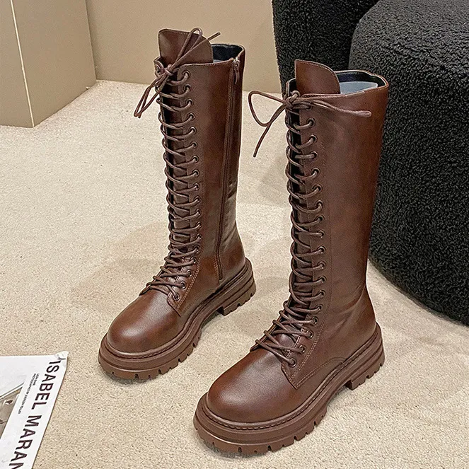 Women Fashion Retro Solid Color Round-Toe Thick Bottom Side Zipper High Boots