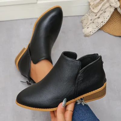 Women Fashion Solid Color Leather Pointed Toe Zipper Boots