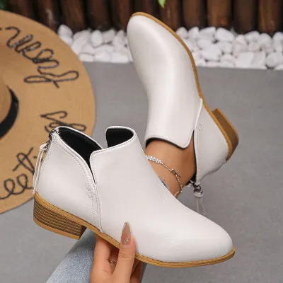 Women Fashion Solid Color Leather Pointed Toe Zipper Boots