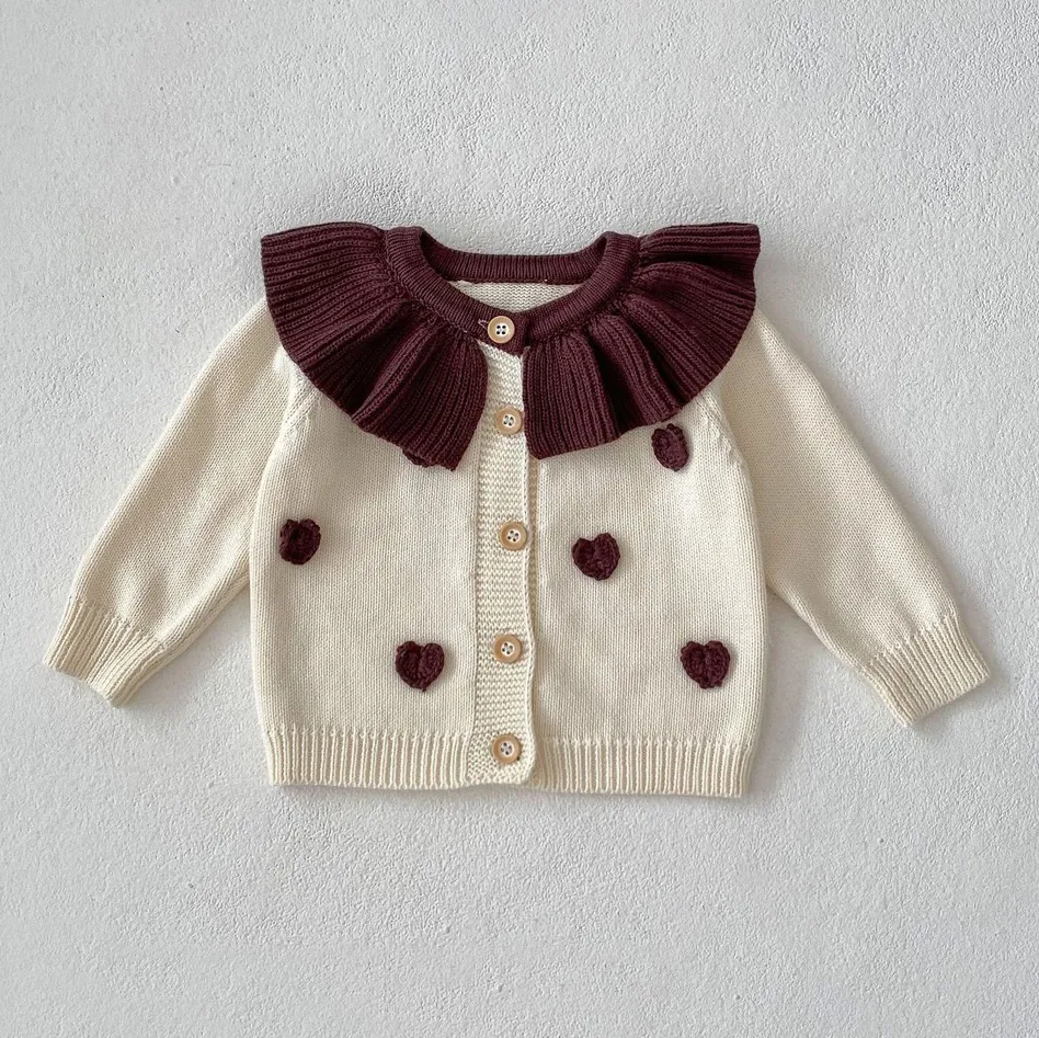 Kids Baby Girls Fashion Autumn Ruffled Neckline Long-Sleeve Knitted Cardigan