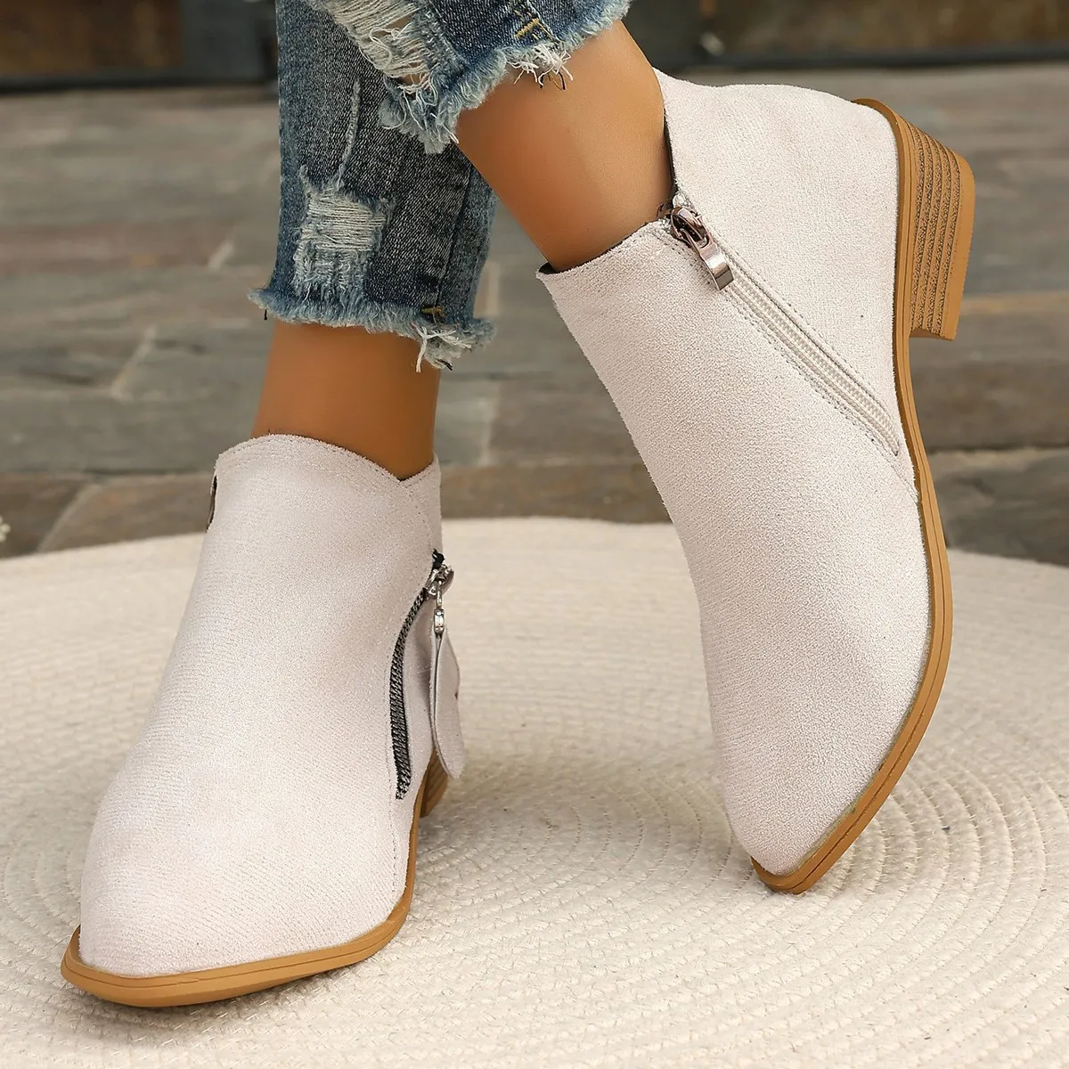 Women Fashion Solid Color Suede Pointed-Toe Side Zipper Boots
