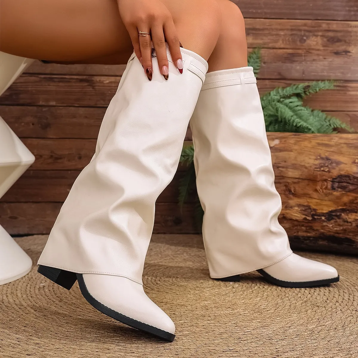 Women Fashion Autumn Solid Color Pleated Pointed-Toe High Heel High Boots