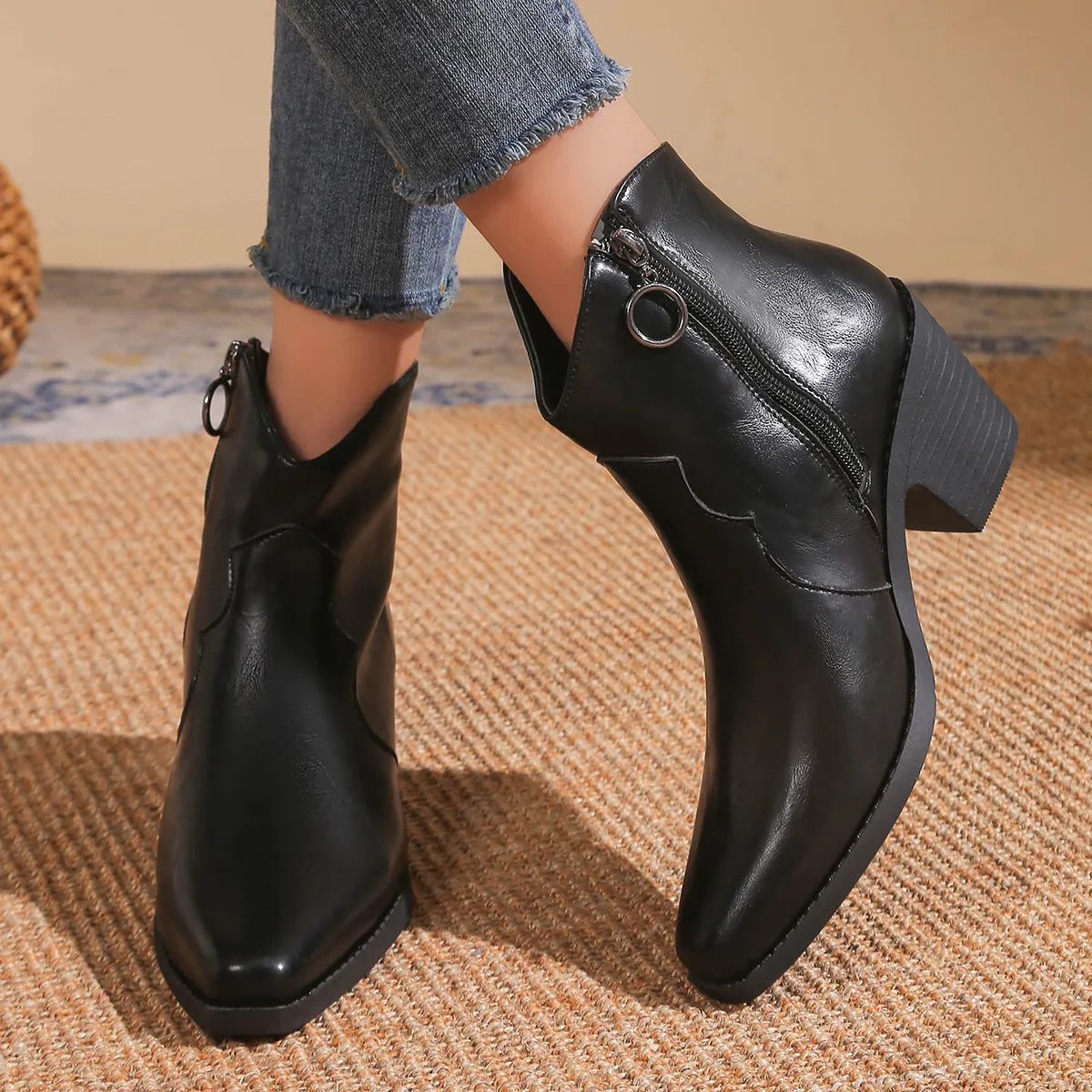 Women Fashion Autumn Solid Color Pointed Toe Thick Heel Boots