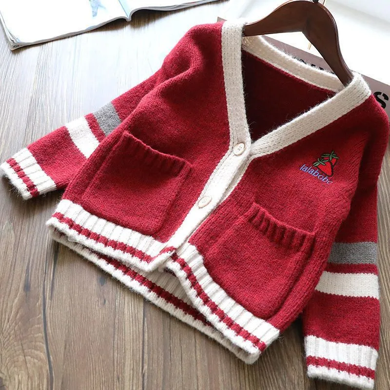 Kids Girls Fashion Casual Autumn Embroidered Strawberry Knitted Long-Sleeve Cardigan