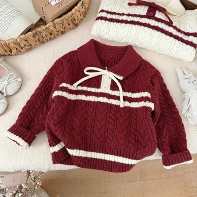 Kids Girl'S Fashion Autumn And Winter Thickened Stripe Lapel Long-Sleeve Twist Knitted Sweater