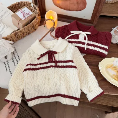Kids Girl'S Fashion Autumn And Winter Thickened Stripe Lapel Long-Sleeve Twist Knitted Sweater
