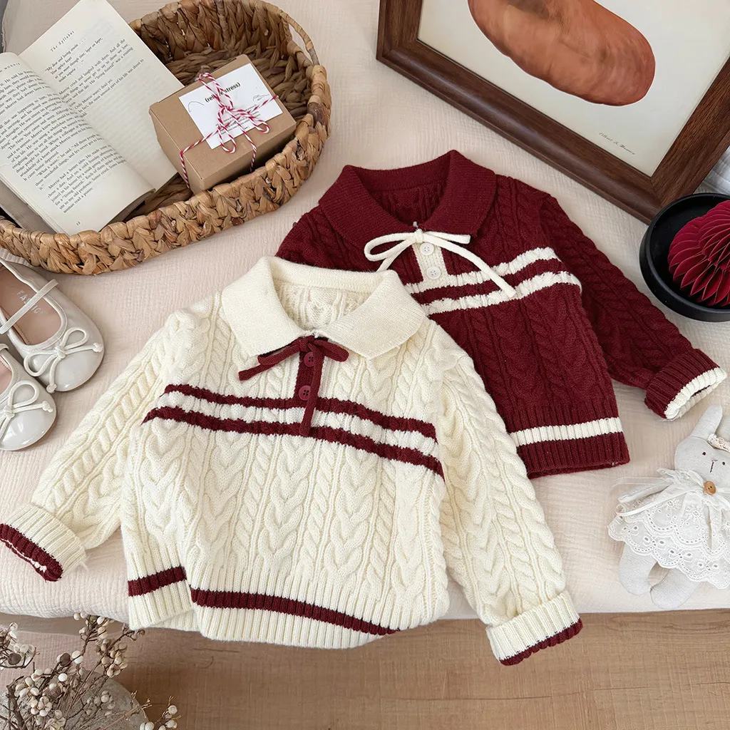 Kids Girl'S Fashion Autumn And Winter Thickened Stripe Lapel Long-Sleeve Twist Knitted Sweater