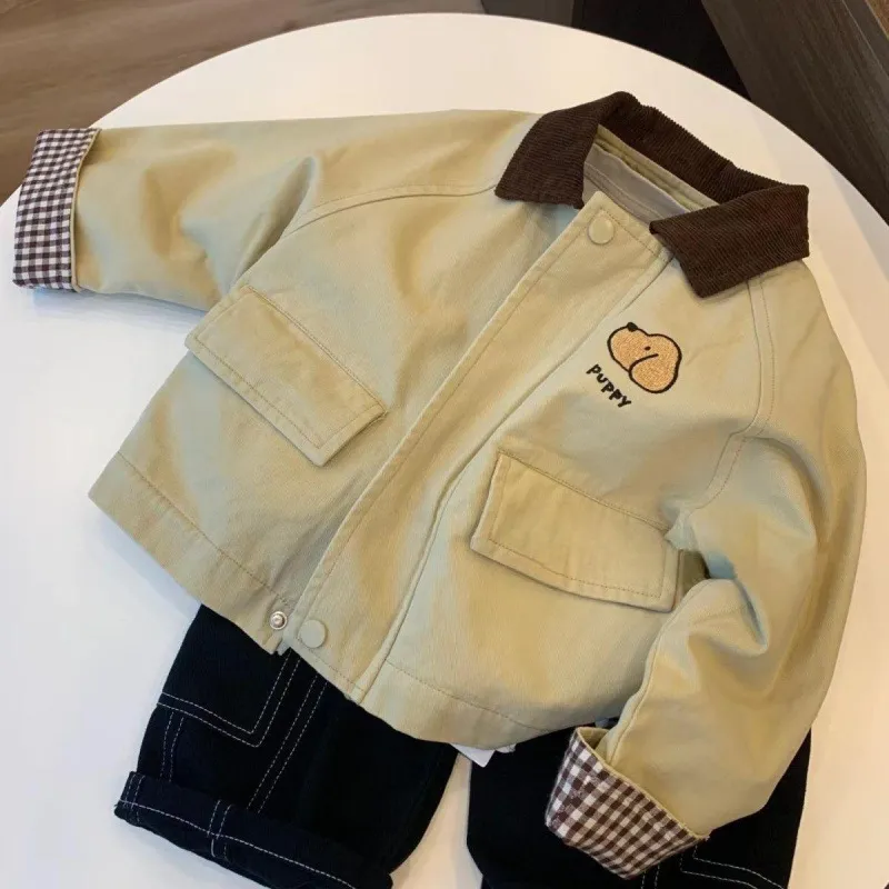 Kids Boys Fashion Casual Spring And Autumn Contrast Color Lapel Long-Sleeve Coat