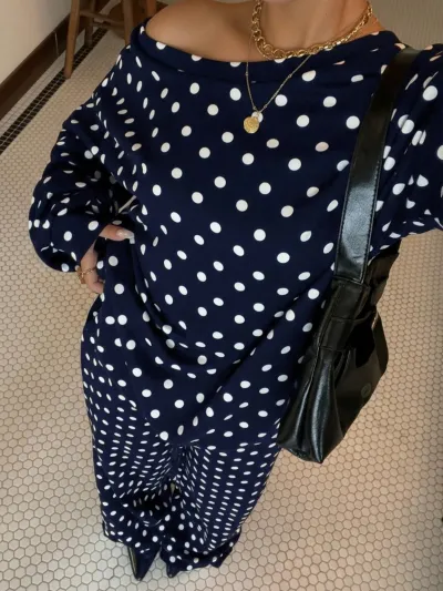 Women Fashion Casual Autumn Polka Dot Print Off-Shoulder Long Sleeve Sweatshirt Pocket Drawstring Pants Two-Piece Set