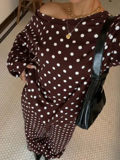 Women Fashion Casual Autumn Polka Dot Print Off-Shoulder Long Sleeve Sweatshirt Pocket Drawstring Pants Two-Piece Set