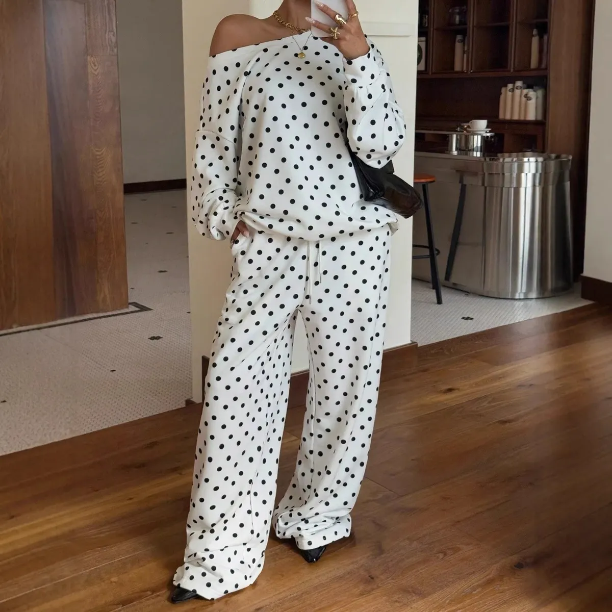 Women Fashion Casual Autumn Polka Dot Print Off-Shoulder Long Sleeve Sweatshirt Pocket Drawstring Pants Two-Piece Set