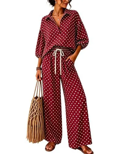 Women Fashion Casual Autumn And Winter Polka Dot Print V-Neck Long-Sleeve Top Drawstring Loose Pants Two-Piece Set