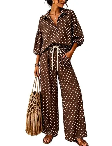 Women Fashion Casual Autumn And Winter Polka Dot Print V-Neck Long-Sleeve Top Drawstring Loose Pants Two-Piece Set