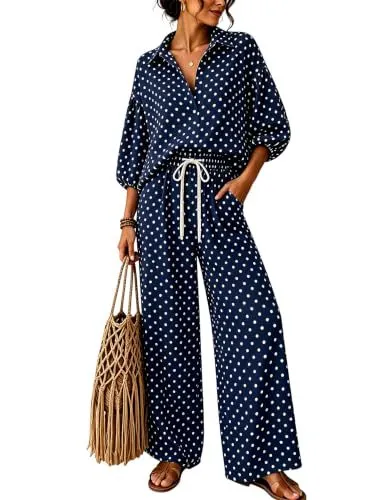 Women Fashion Casual Autumn And Winter Polka Dot Print V-Neck Long-Sleeve Top Drawstring Loose Pants Two-Piece Set