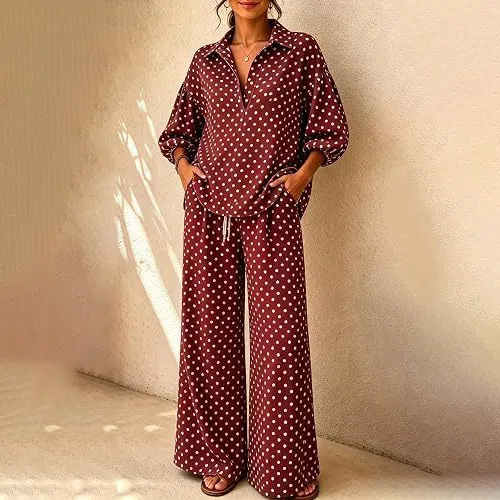 Women Fashion Casual Autumn And Winter Polka Dot Print V-Neck Long-Sleeve Top Drawstring Loose Pants Two-Piece Set