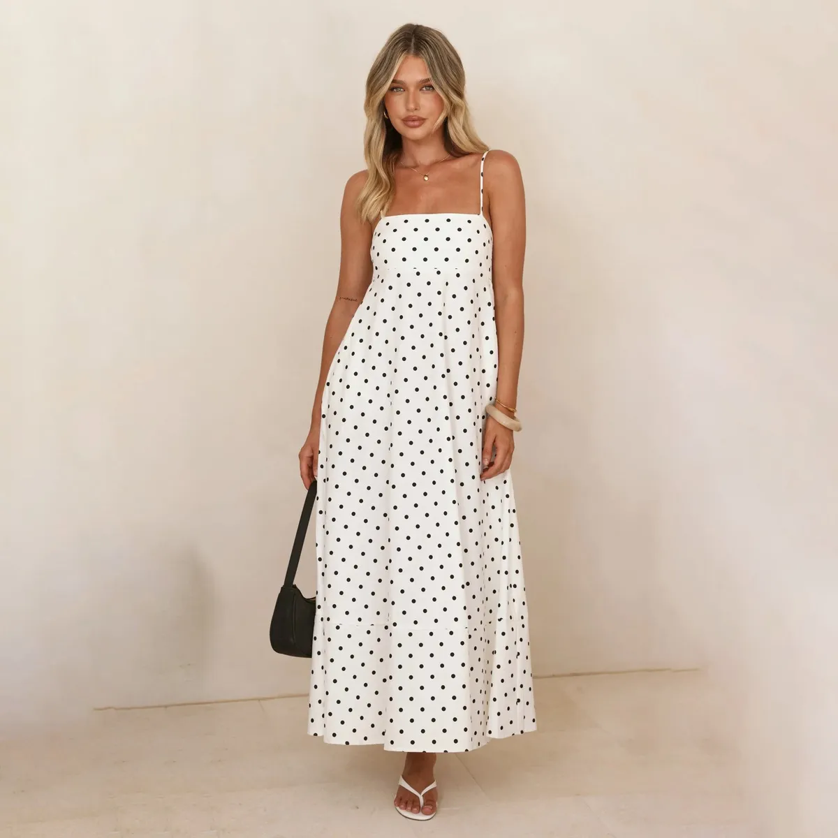 Women Fashion Polka Dot Print Spaghetti Straps Loose Dress