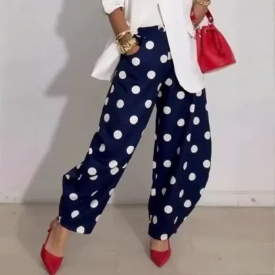 Women Fashion Casual Polka Dot Print Loose Wide Leg Pants