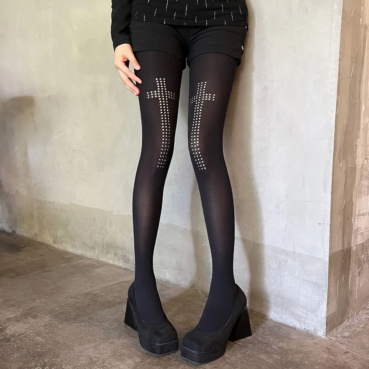 Women Fashion Sexy Cross Rhinestone Velvet Stockings