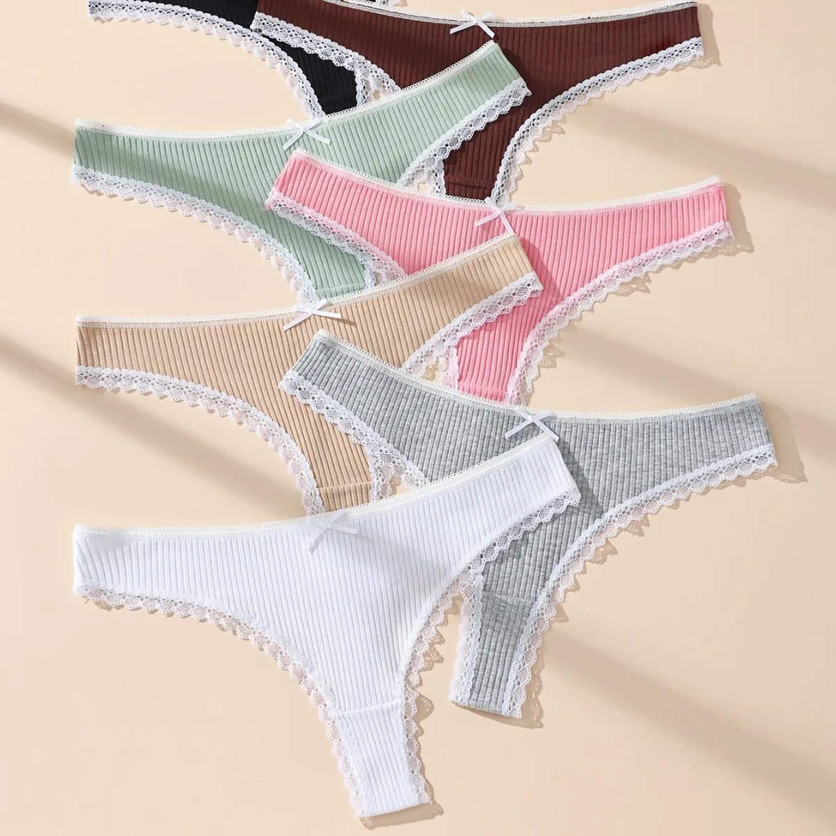 Women Fashion Sexy Lace Stitching Low Waist Rib Thong