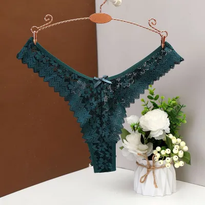 Women Fashion Sexy Solid Color Lace Mid-Waist Thong
