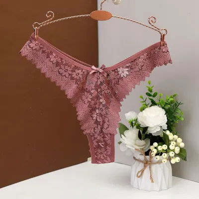 Women Fashion Sexy Solid Color Lace Mid-Waist Thong