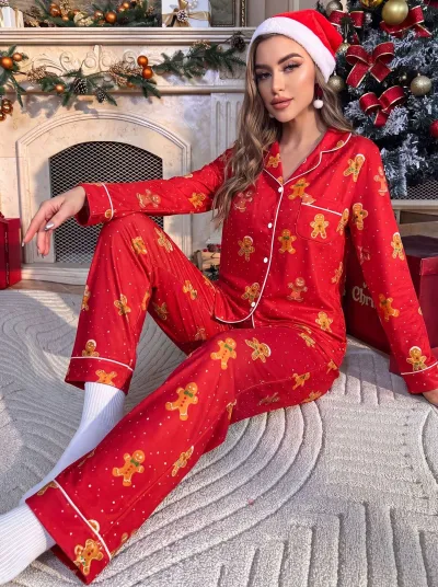 Christmas Women Fashion Gingerbread Man Print Lapel Long Sleeve Cardigan Pants Pajamas Two-Piece Set