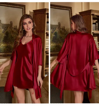 Women Fashion Sexy Summer Solid Color Dress Long-Sleeve Nightgown Pajamas Two-Piece Set