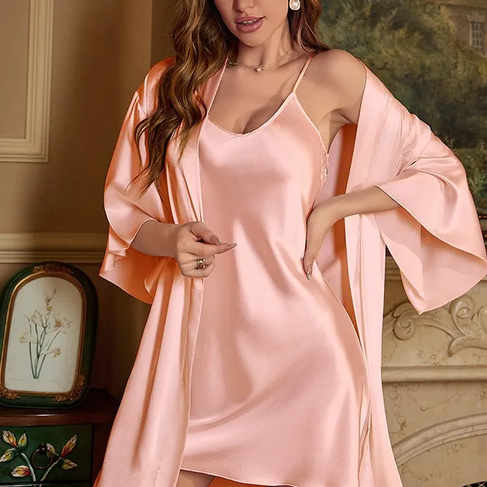 Women Fashion Sexy Summer Solid Color Dress Long-Sleeve Nightgown Pajamas Two-Piece Set