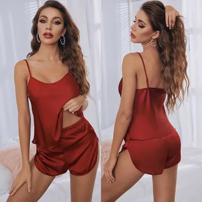 Women Fashion Solid Color Satin Chiffon Camisole Loose Shorts Pajamas Two-Piece Set
