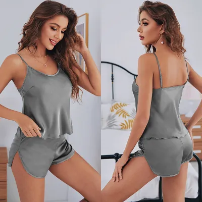 Women Fashion Solid Color Satin Chiffon Camisole Loose Shorts Pajamas Two-Piece Set