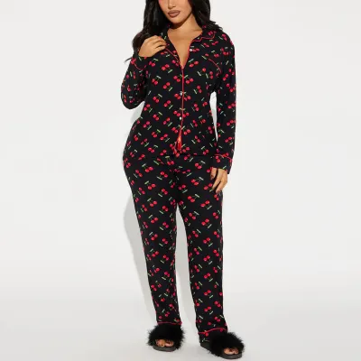 Women'S Fashion Autumn And Winter Printed Lapel Long-Sleeve Cardigan Pants Pajamas Two-Piece Set
