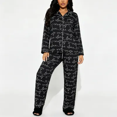 Women'S Fashion Autumn And Winter Printed Lapel Long-Sleeve Cardigan Pants Pajamas Two-Piece Set