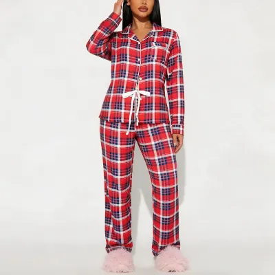 Women'S Fashion Autumn And Winter Printed Lapel Long-Sleeve Cardigan Pants Pajamas Two-Piece Set