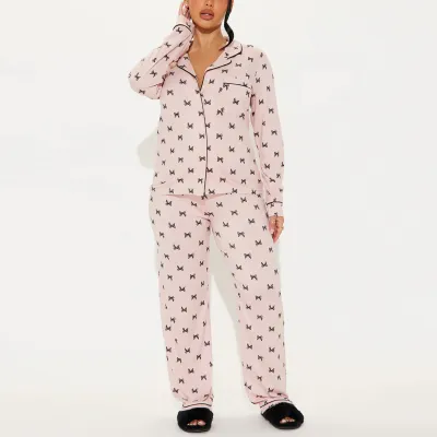 Women'S Fashion Autumn And Winter Printed Lapel Long-Sleeve Cardigan Pants Pajamas Two-Piece Set