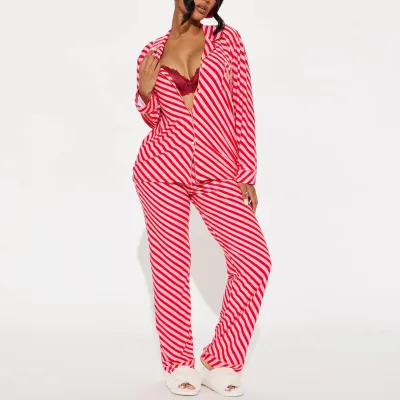 Women'S Fashion Autumn And Winter Printed Lapel Long-Sleeve Cardigan Pants Pajamas Two-Piece Set