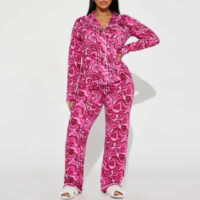 Women'S Fashion Autumn And Winter Printed Lapel Long-Sleeve Cardigan Pants Pajamas Two-Piece Set
