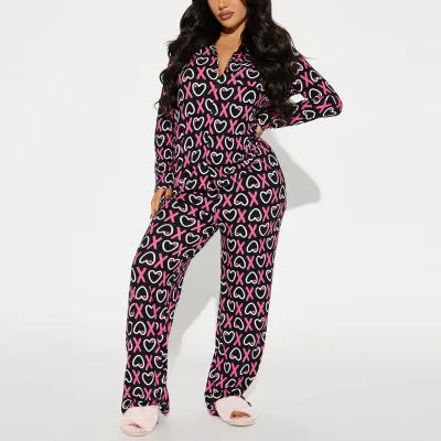 Women'S Fashion Autumn And Winter Printed Lapel Long-Sleeve Cardigan Pants Pajamas Two-Piece Set