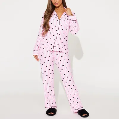 Women'S Fashion Autumn And Winter Printed Lapel Long-Sleeve Cardigan Pants Pajamas Two-Piece Set