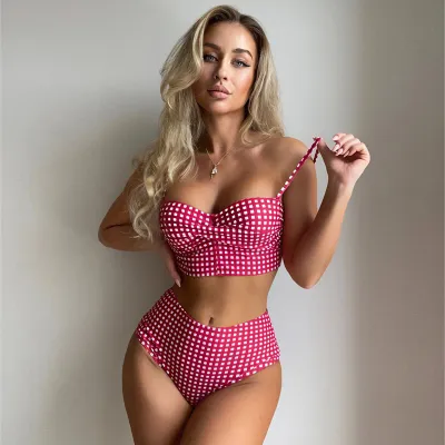 Women Fashion Sexy Plaid High Waist Beach Bikini Swimsuit