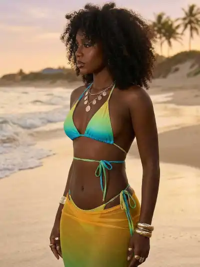 Women Fashion Sexy Gradient Color Bikini Swimsuit Maxi Skirt Three-Piece Set