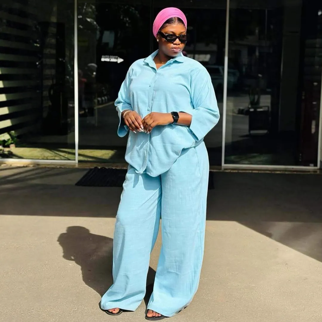 Women Fashion Casual Plus Size Solid Colro Lapel Long Sleeve Blouse Loose Pants African Two-Piece Set